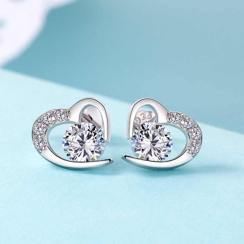 Two Colour Zircon Heart-shaped Silver Studs Earrings for Women