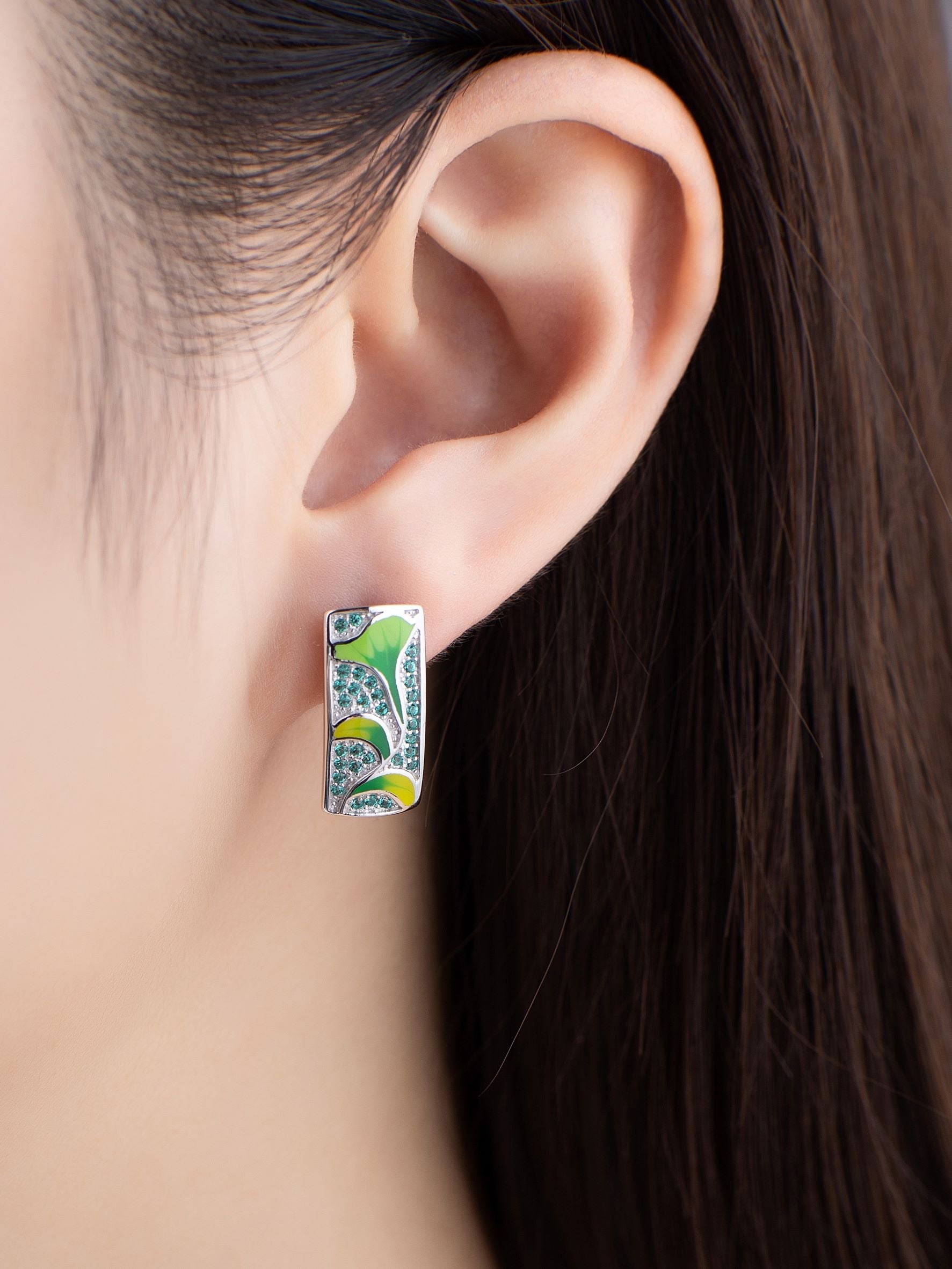Rectangle Lotus Leaf Enamel Silver Earrings