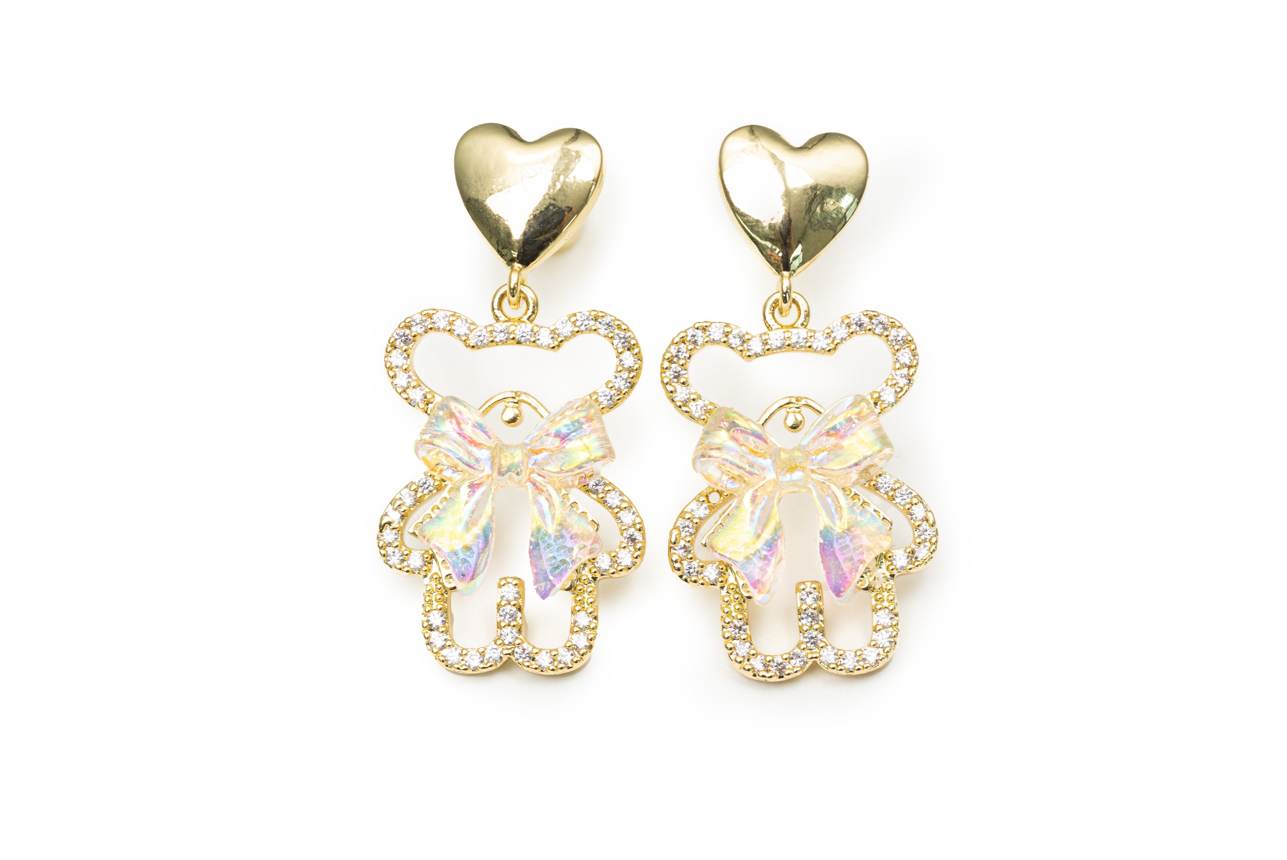 Golden Bear with Bows Drop Earrings