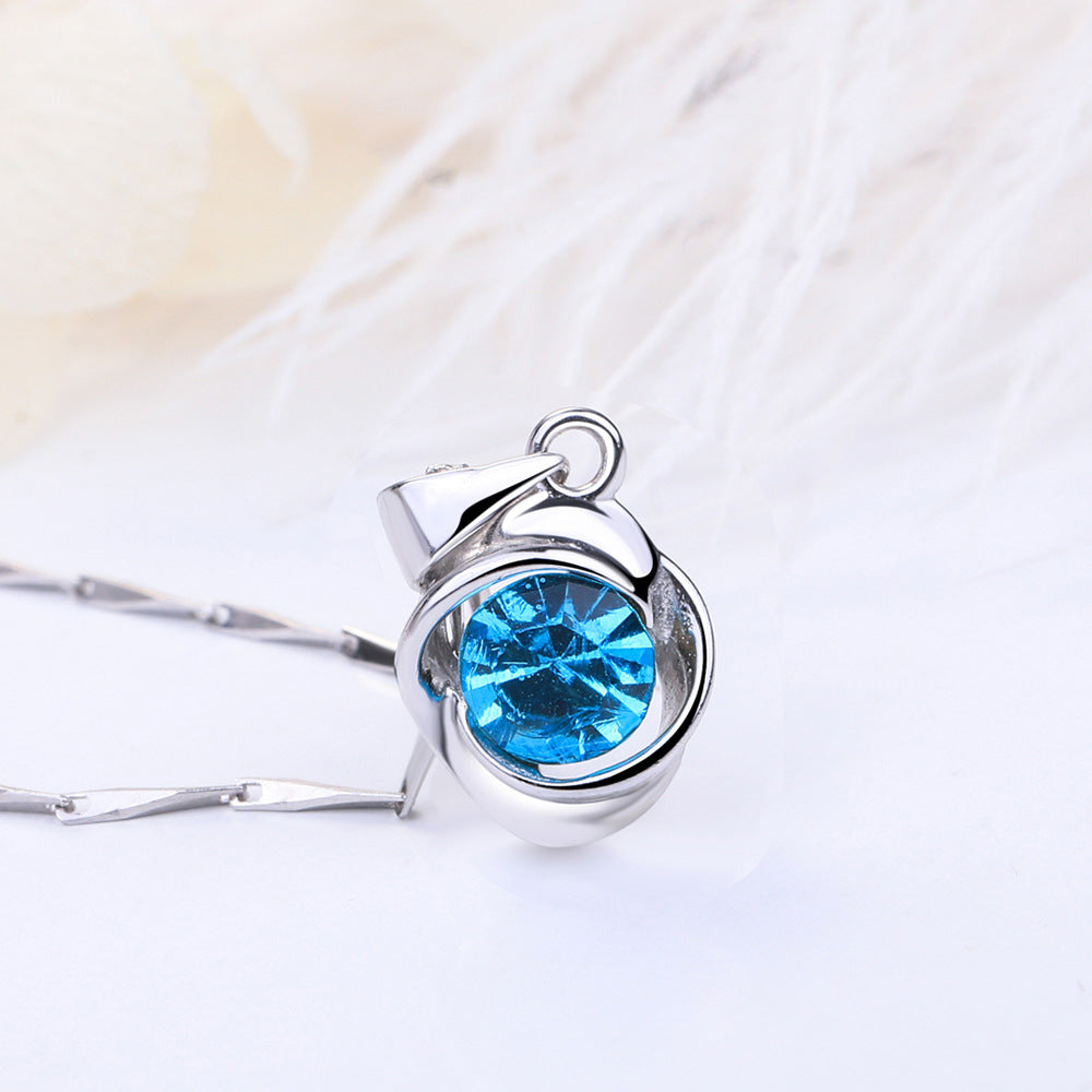 Blue Topaz Rose Petal Pendant Silver Necklace for Women