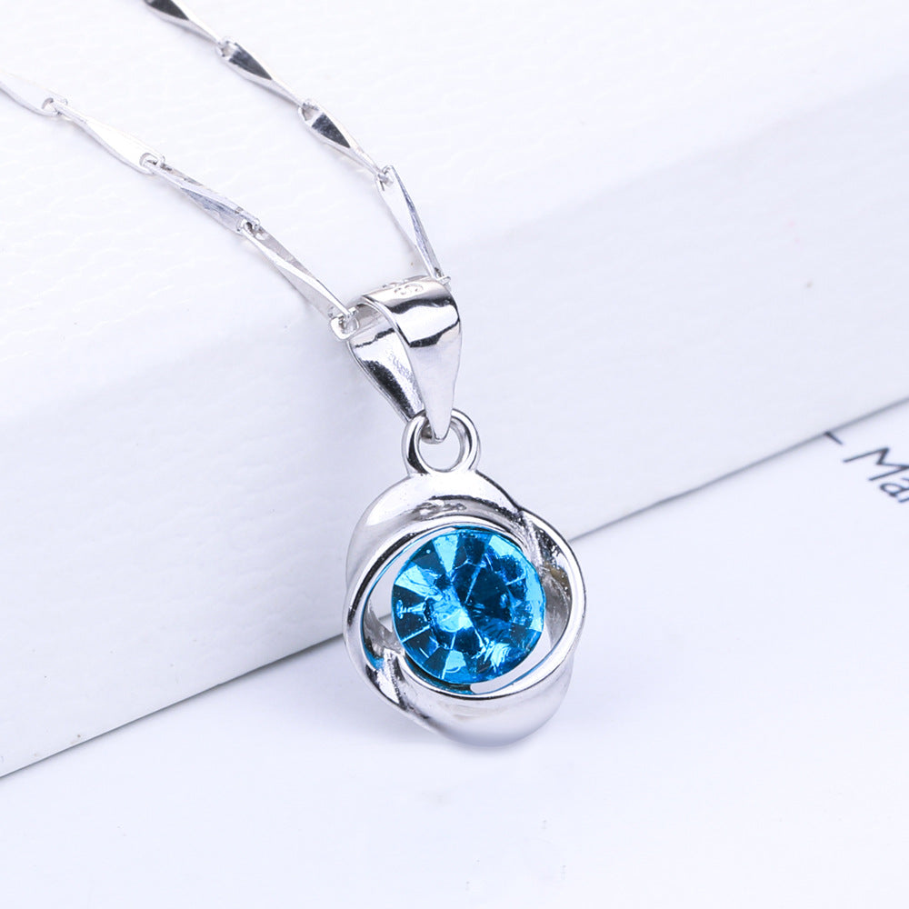 Blue Topaz Rose Petal Pendant Silver Necklace for Women