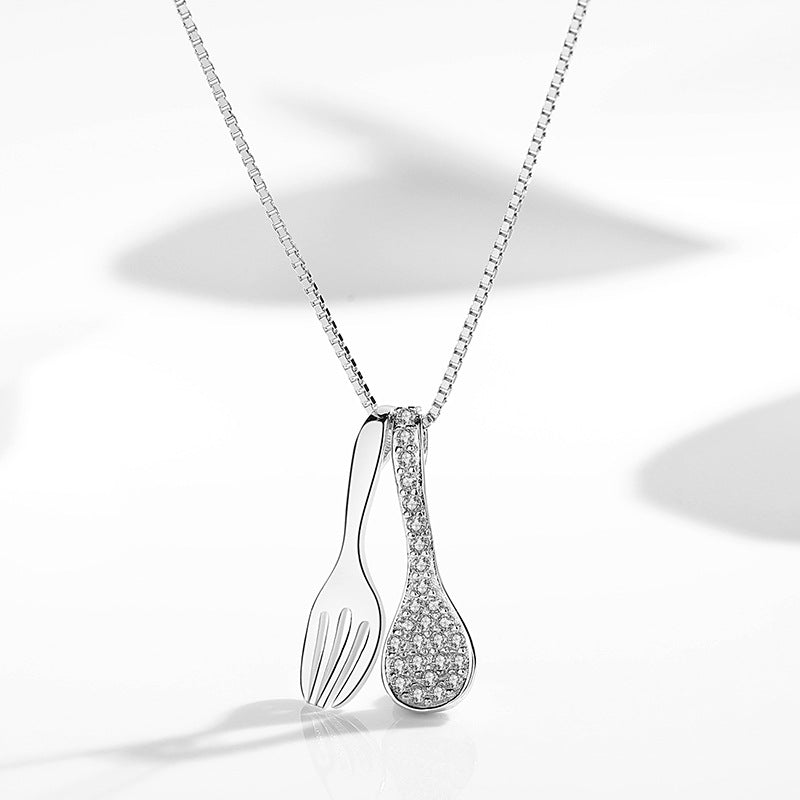 Zircon Spoon Fork Pendant Silver Necklace for Women