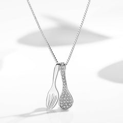 Zircon Spoon Fork Pendant Silver Necklace for Women