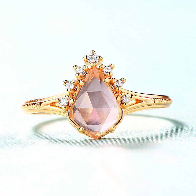 Geometric Water Droplet Pink Crystal Openg Silver Ring