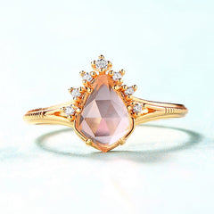 Geometric Water Droplet Pink Crystal Openg Silver Ring