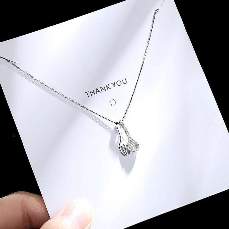 Zircon Spoon Fork Pendant Silver Necklace for Women