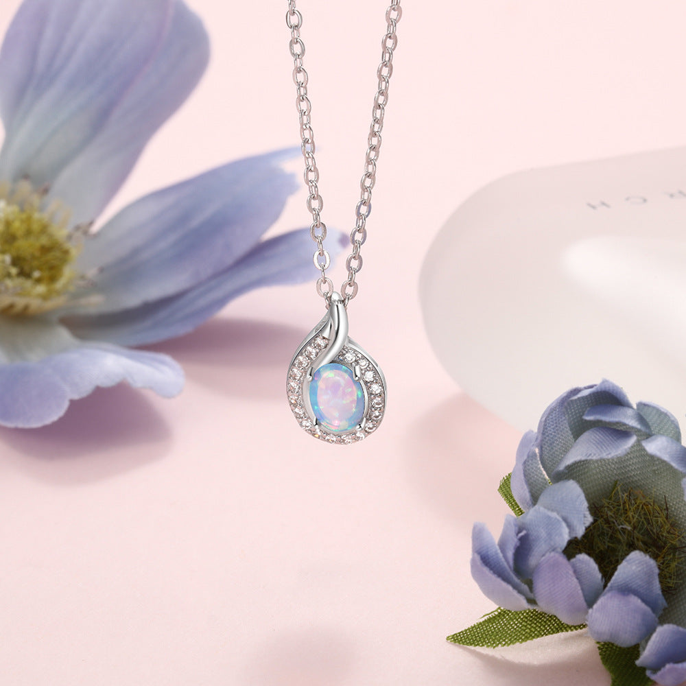 Oval Blue Opal Droplet Zircon Sterling Silver Necklace