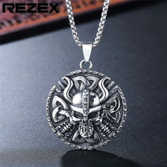 Halloween Viking Skull Warrior Round Titanium Steel Pendant for Men