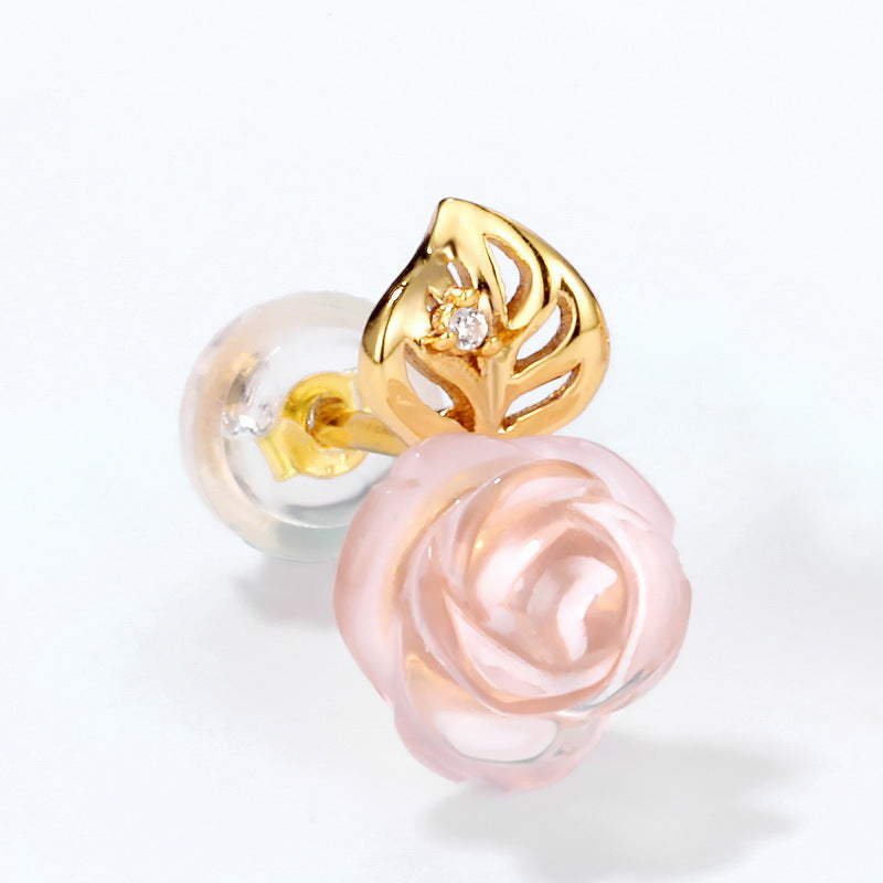 Pink Crystal Rose Bee and Leaf Zircon Silver Stud Earrings