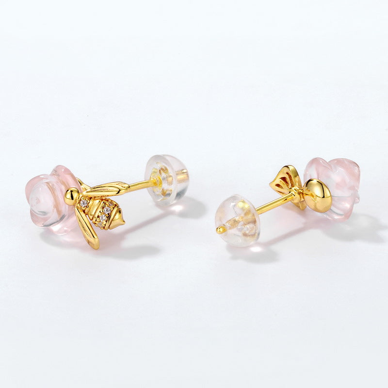 Pink Crystal Rose Bee and Leaf Zircon Silver Stud Earrings