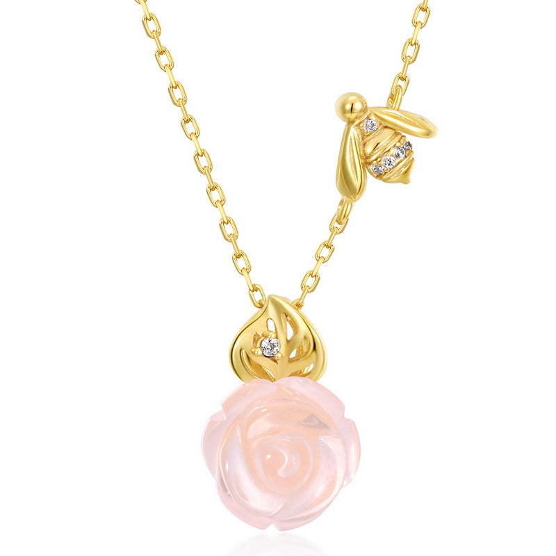 Pink Crystal Rose Bee and Leaf Zircon Sterling Silver Necklace