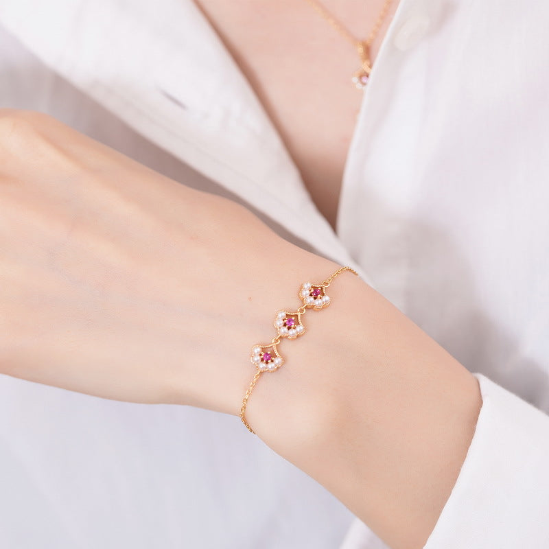Red Corundum Pearl Ginkgo Leaf Sterling Silver Bracelet