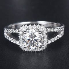 Split Shank Square Soleste Halo 1.0 Carat Round Cut Moissanite Engagement Ring