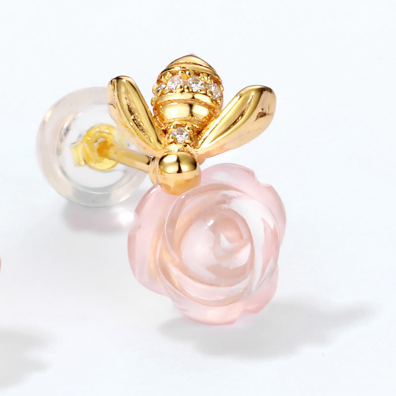 Pink Crystal Rose Bee and Leaf Zircon Silver Stud Earrings