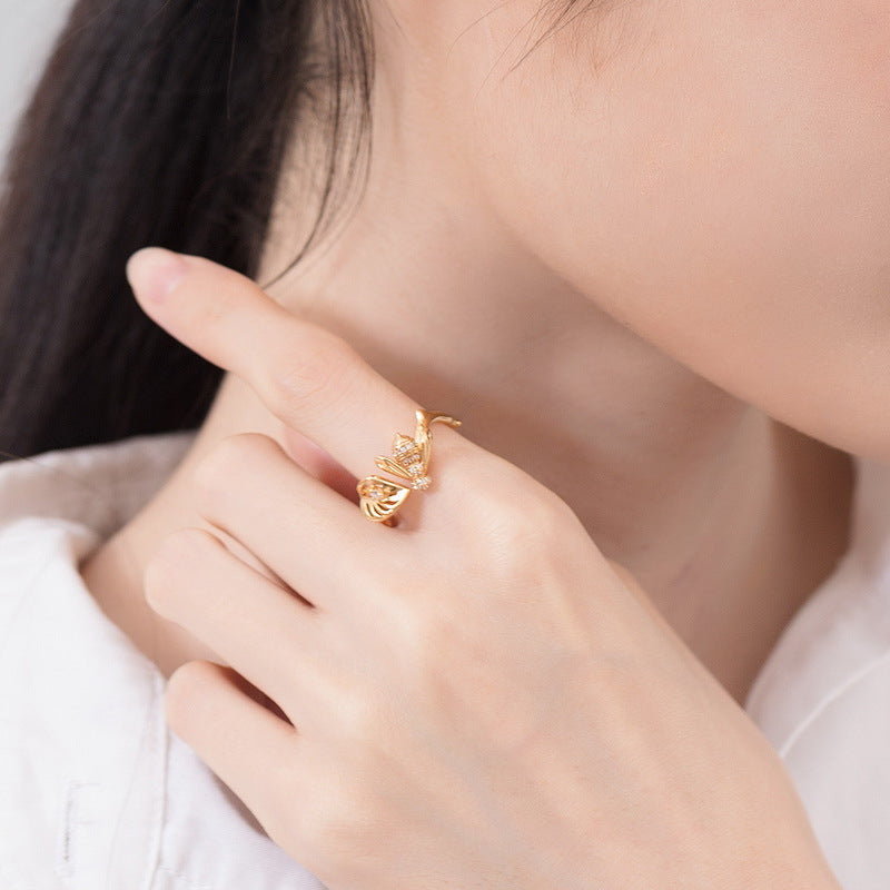 Bee and Leaf Zircon Opening Sterling Silver Ring