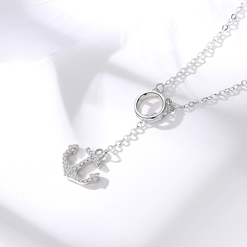 Zircon Ship Anchor Silver Necklace for Women