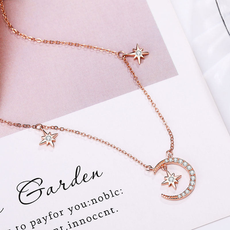 Zircon Star Moon Pendant Silver Necklace for Women