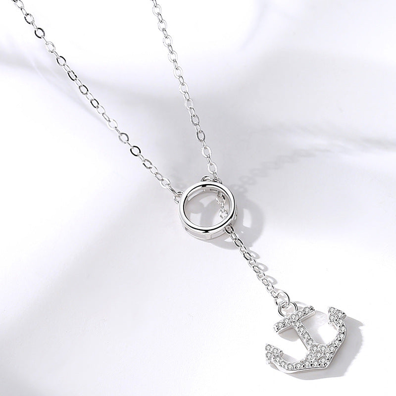 Zircon Ship Anchor Silver Necklace for Women