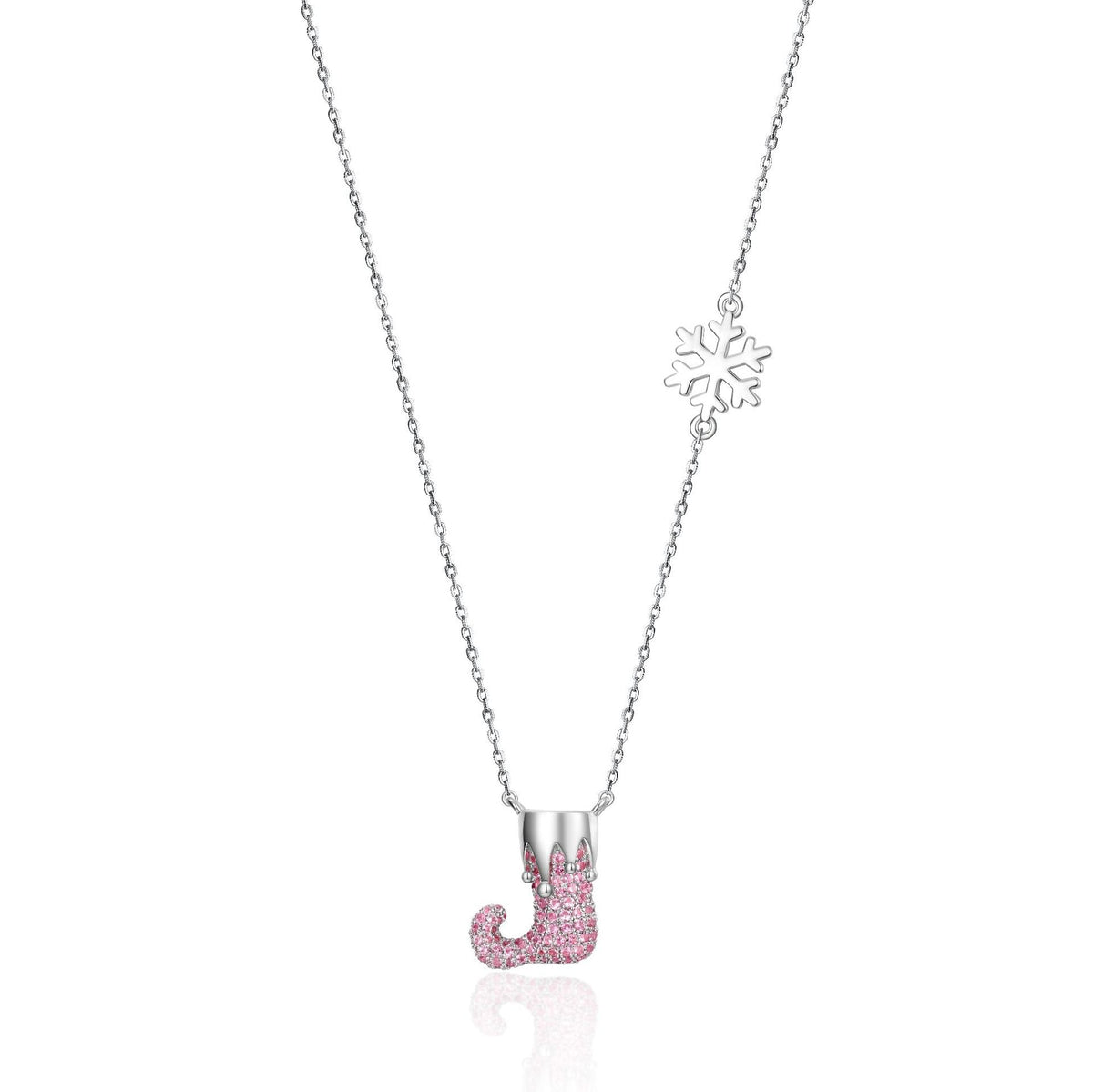 Pink Zircon Christmas Stocking Pendant Snowflake Sterling Silver Necklace