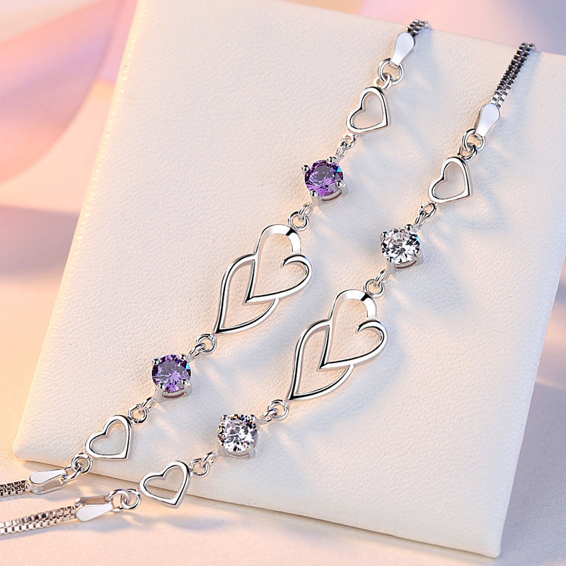 Hollow Double Heart with Zircon Silver Bracelet for Women