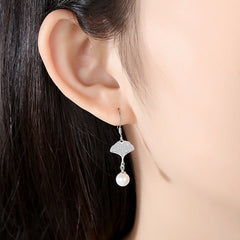 Ginkgo with Pearl Silver Drop Earrings for Women