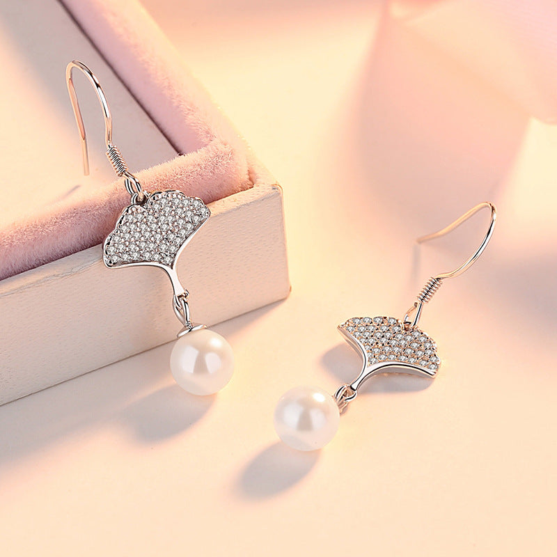 Ginkgo with Pearl Silver Drop Earrings for Women