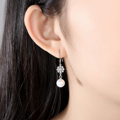 Snowflake with Pearl Pendant Silver Drop Earrings for Women