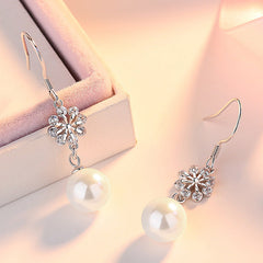 Snowflake with Pearl Pendant Silver Drop Earrings for Women