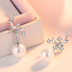 Leaf with Pearl Silver Drop Earrings for Women