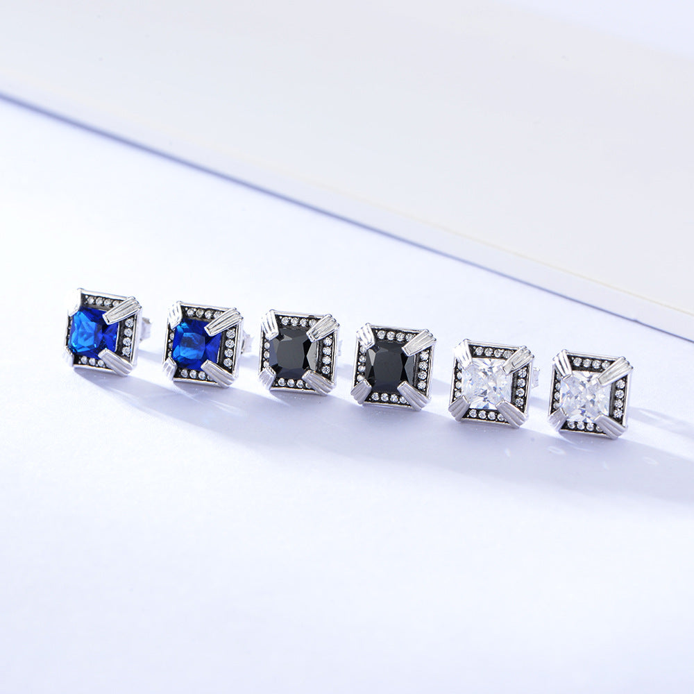 Vintage Colurful Square Zircon Silver Studs Earrings for Women