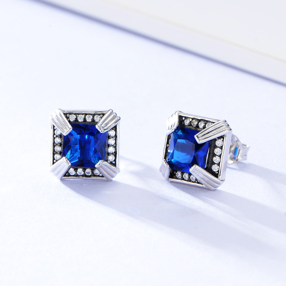 Vintage Colurful Square Zircon Silver Studs Earrings for Women