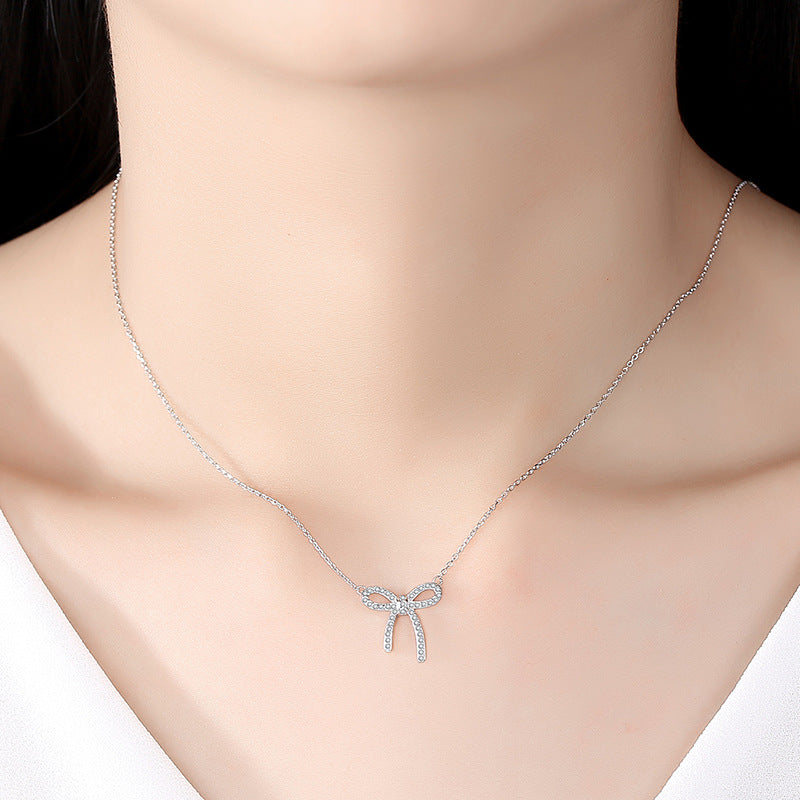 Zircon Bowknot Pendant Silver Necklace for Women