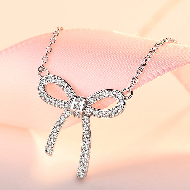 Zircon Bowknot Pendant Silver Necklace for Women