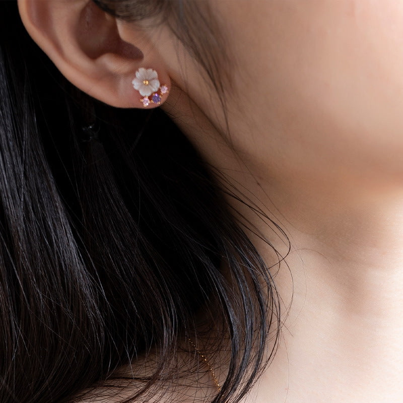 Pink Mother of Pearl Plum Blossom Silver Stud Earrings