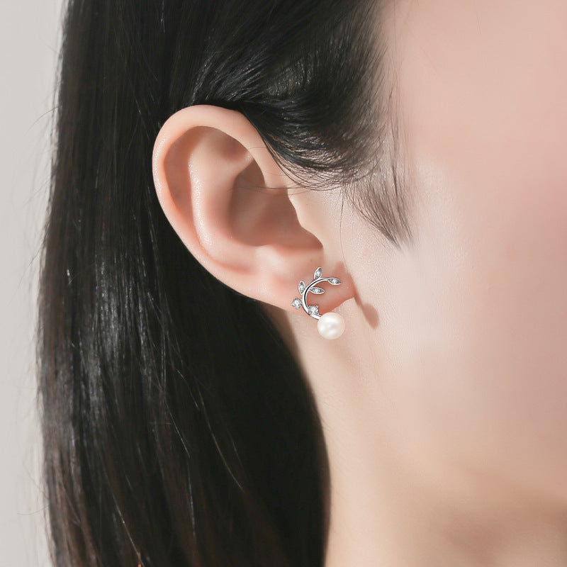 Zircon Branch with Pearl Silver Studs Earrings for Women