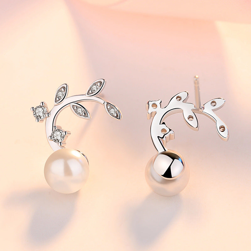 Zircon Branch with Pearl Silver Studs Earrings for Women