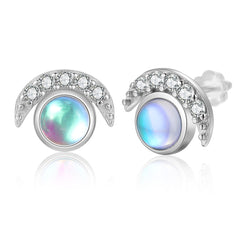 Zircon Moon with Round Moon Stone Sterling Silver Stud Earrings