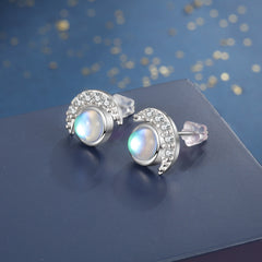 Zircon Moon with Round Moon Stone Sterling Silver Stud Earrings