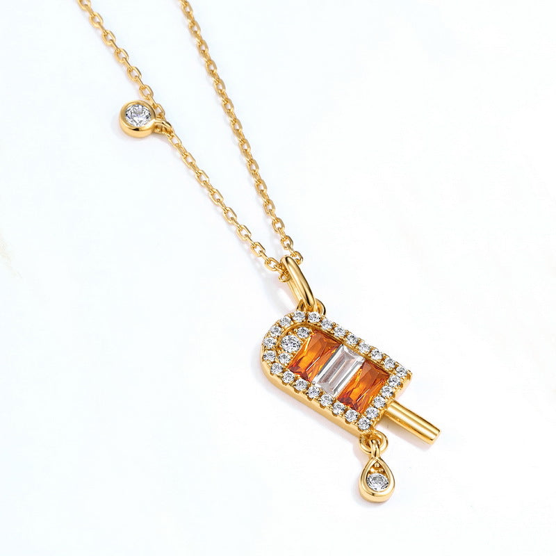 Orange Flavor Popsicle Pendant Zircon Sterling Silver Necklace