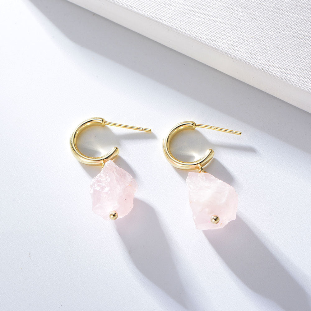 Irregular Natural Pink Crystal Silver Drop Earrings for Women