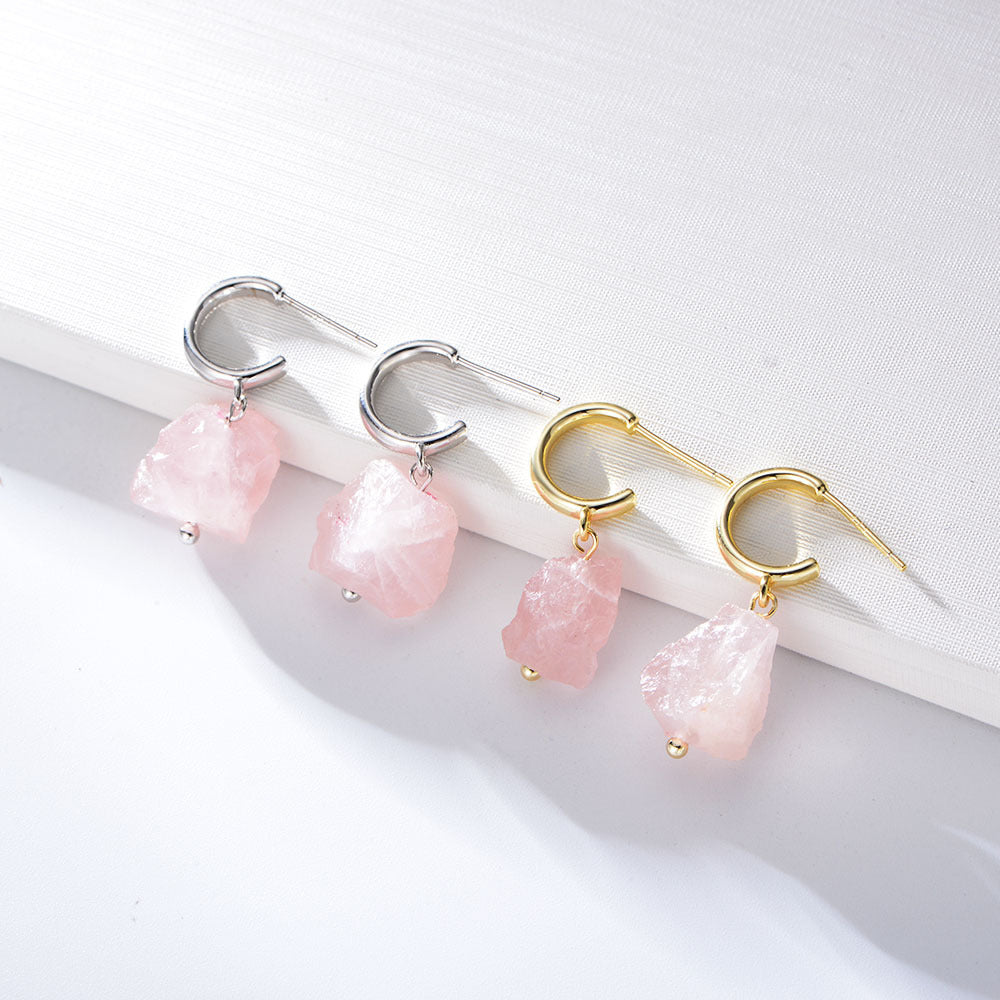 Irregular Natural Pink Crystal Silver Drop Earrings for Women