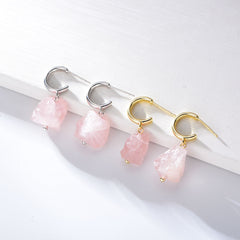 Irregular Natural Pink Crystal Silver Drop Earrings for Women