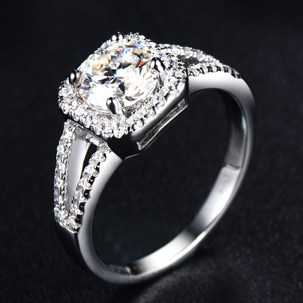 Split Shank Square Soleste Halo 1.0 Carat Round Cut Moissanite Engagement Ring