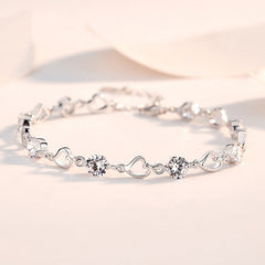 Hollow Heart with Zircon Beading Silver Bracelet for Women