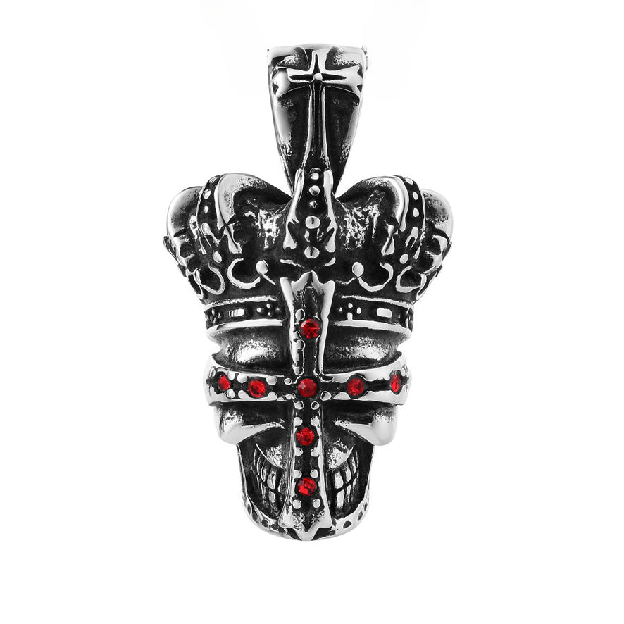 Halloween Red Zircon Cross Crown Skull Titanium Steel Pendant for Men