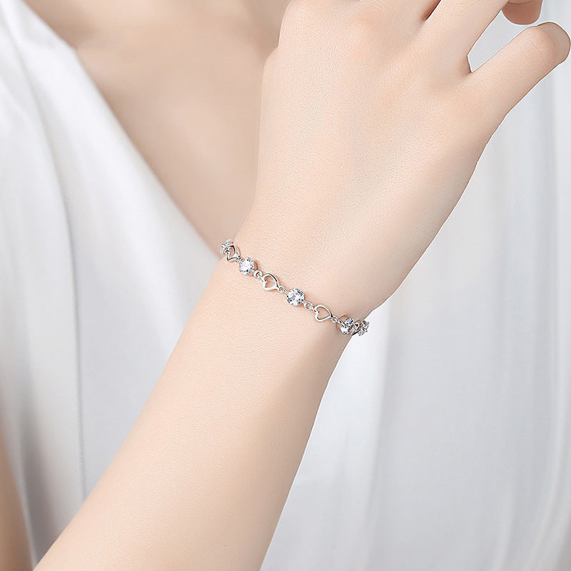 Hollow Heart with Zircon Beading Silver Bracelet for Women