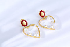 Hollow Heart Shape Pearl Enamel Drop Earrings