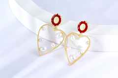 Hollow Heart Shape Pearl Enamel Drop Earrings