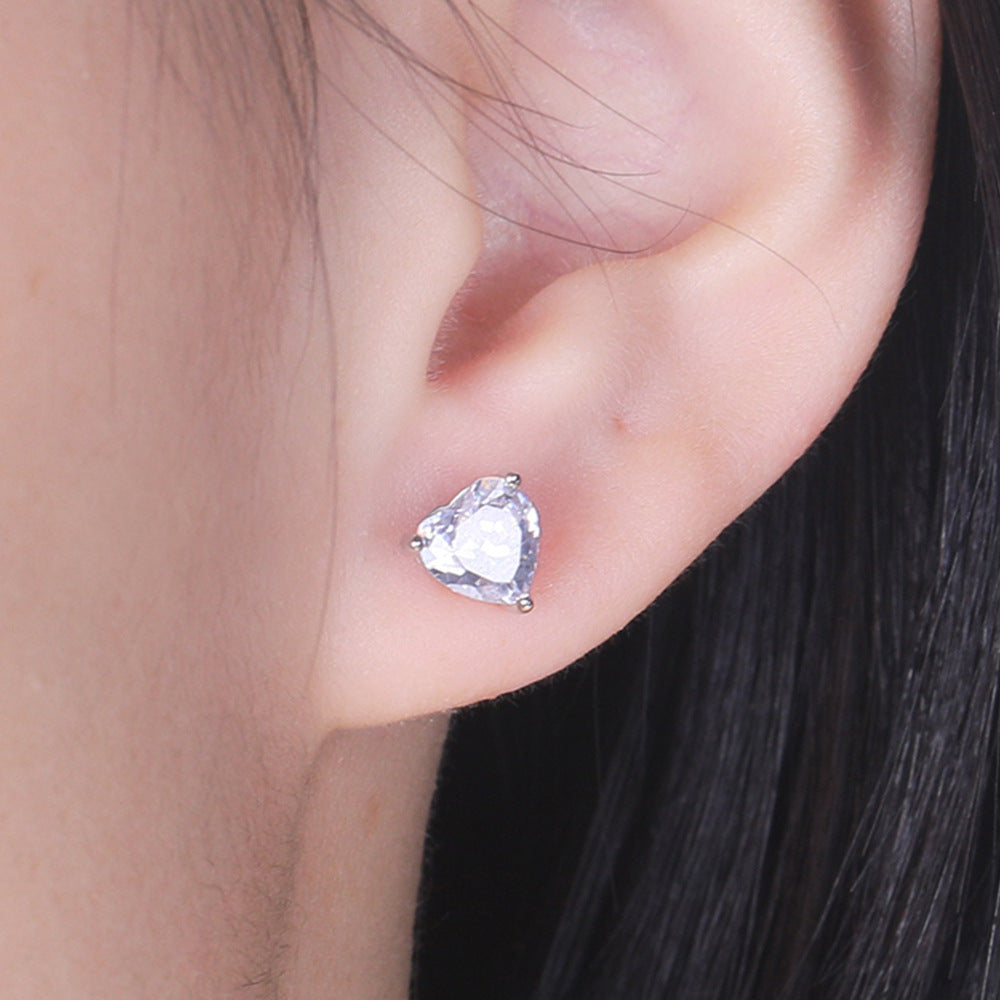 Three Prongs Heart Zircon Silver Studs Earrings for Women