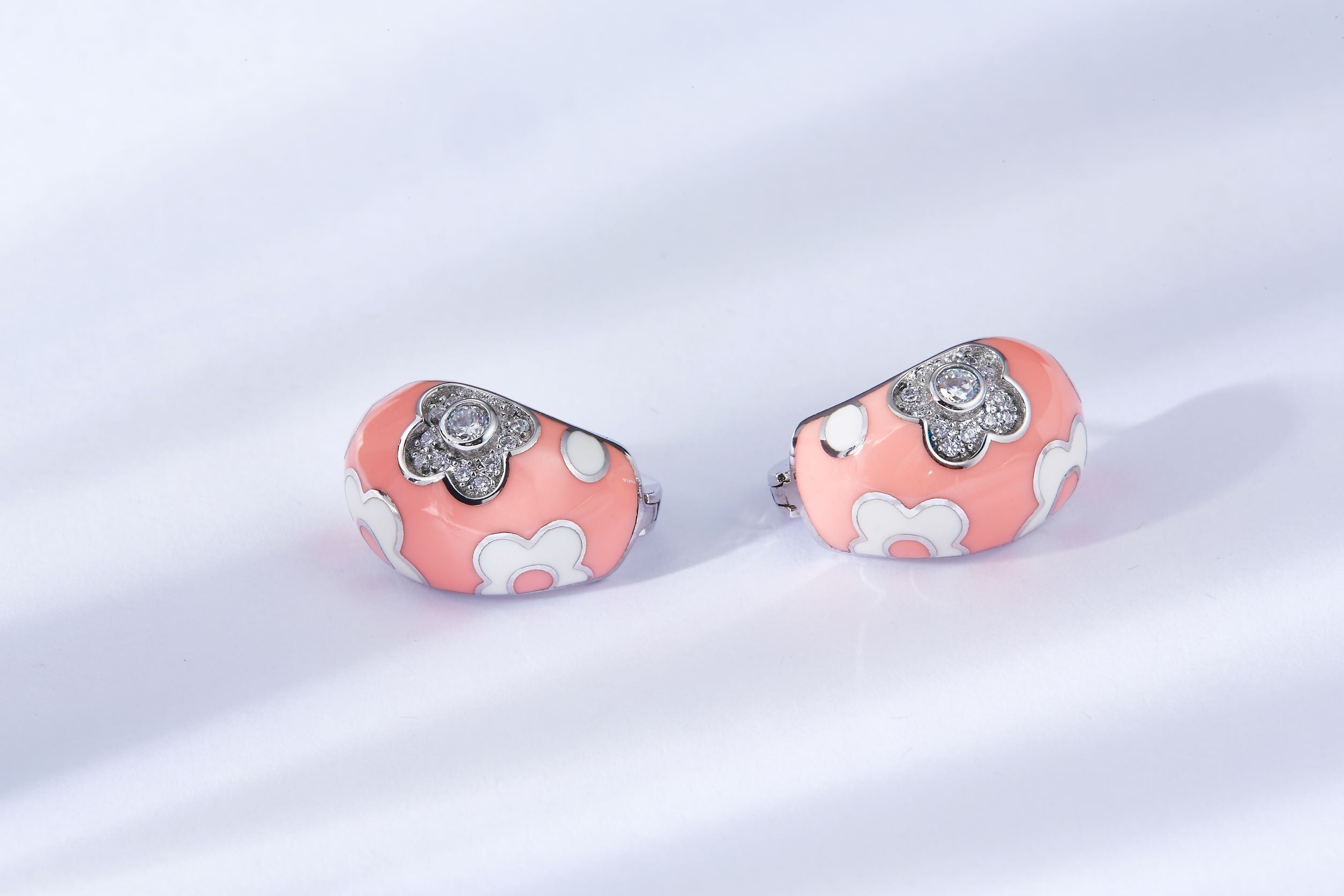 Pink Enamel Daisy Flower Silver Stud Earrings